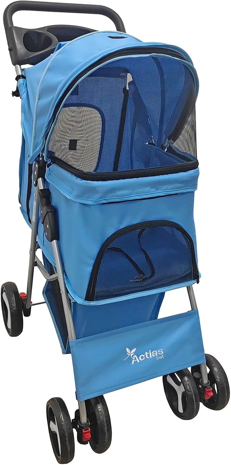 Pet Travel Stroller Dog Cat Pushchair Foldable Swivel Wheels 15kg Blue