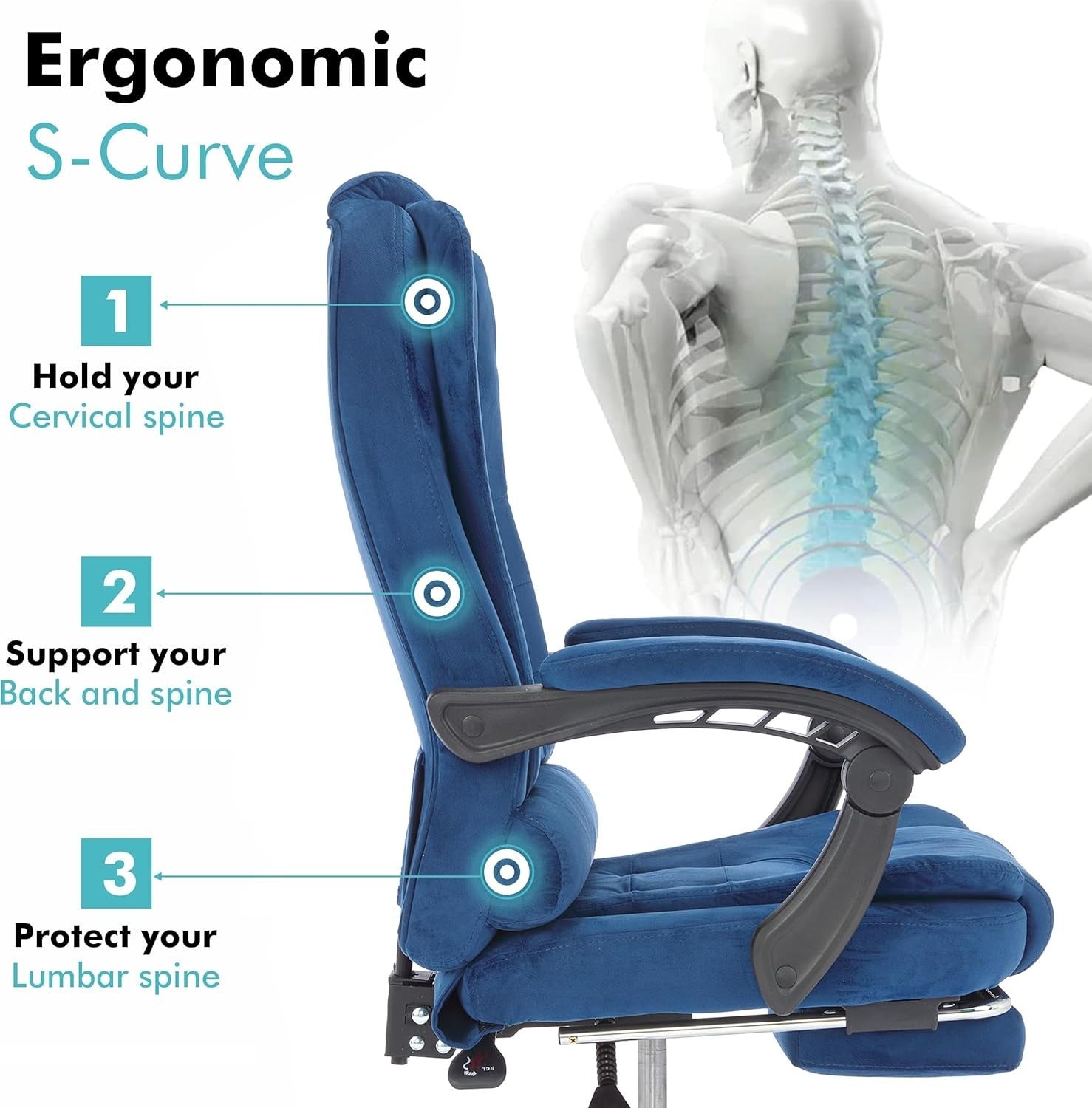 Velvet Blue Executive Office Chair Desk Adjustable Height Ergonomic Swivel Chair