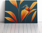 Modern 20×14″ Teal Orange Blue Kingfisher Art Deco Canvas Wall Art