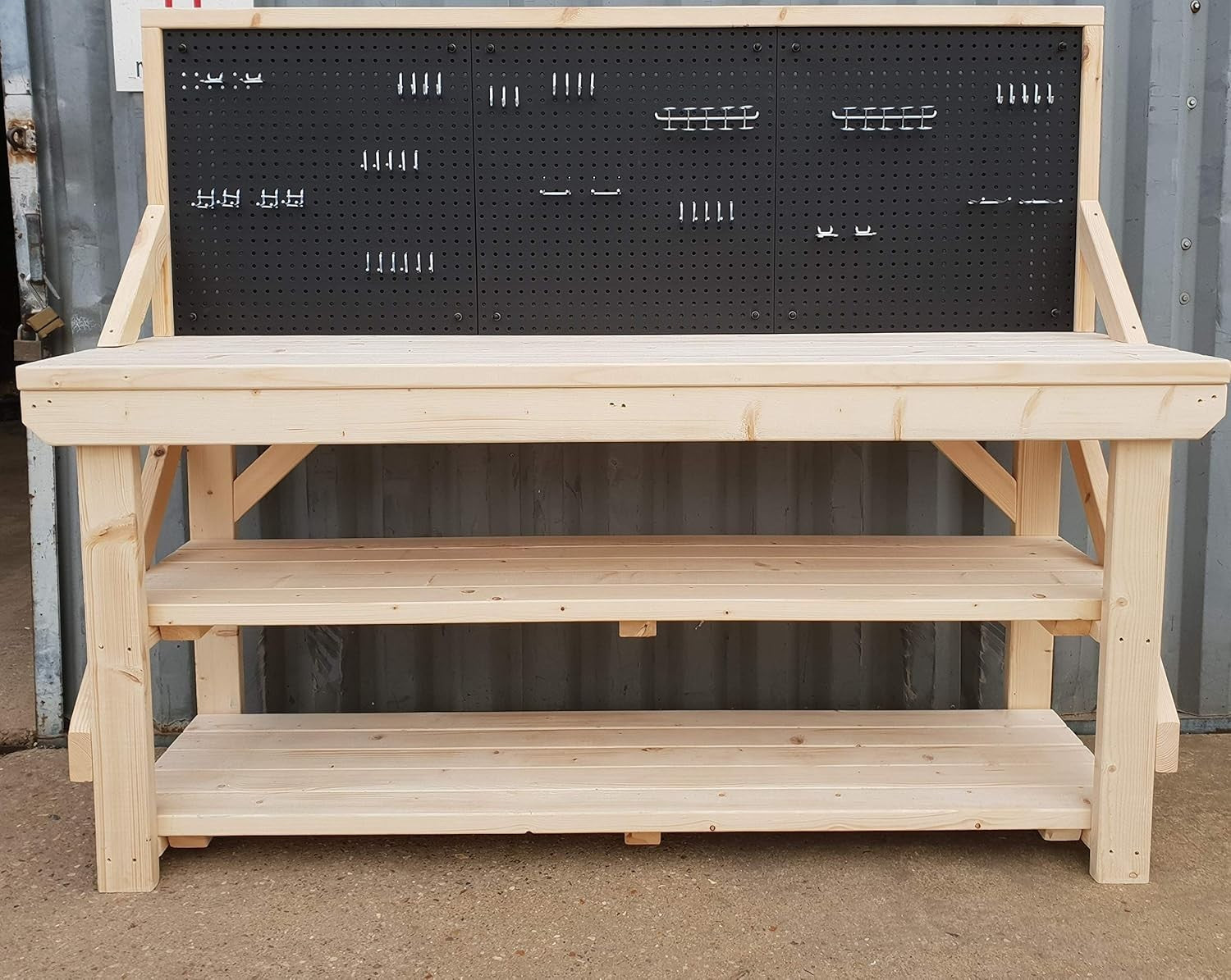 4ft Heavy Duty Wooden Workbench with Peg Board & Shelves – 46pc Peg Kit