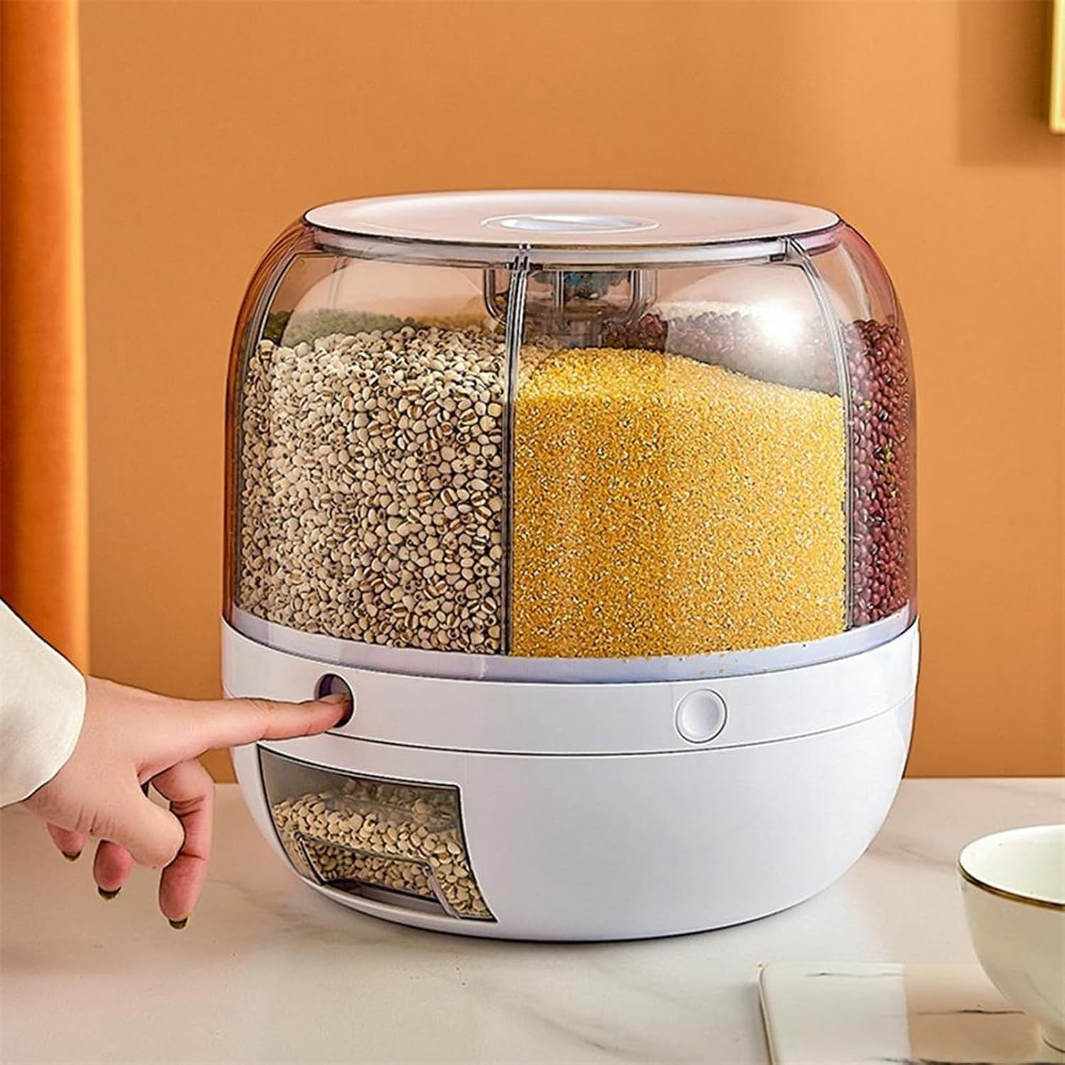 12L Rotating Rice Dispenser 6 Grid Transparent Grain Storage Box