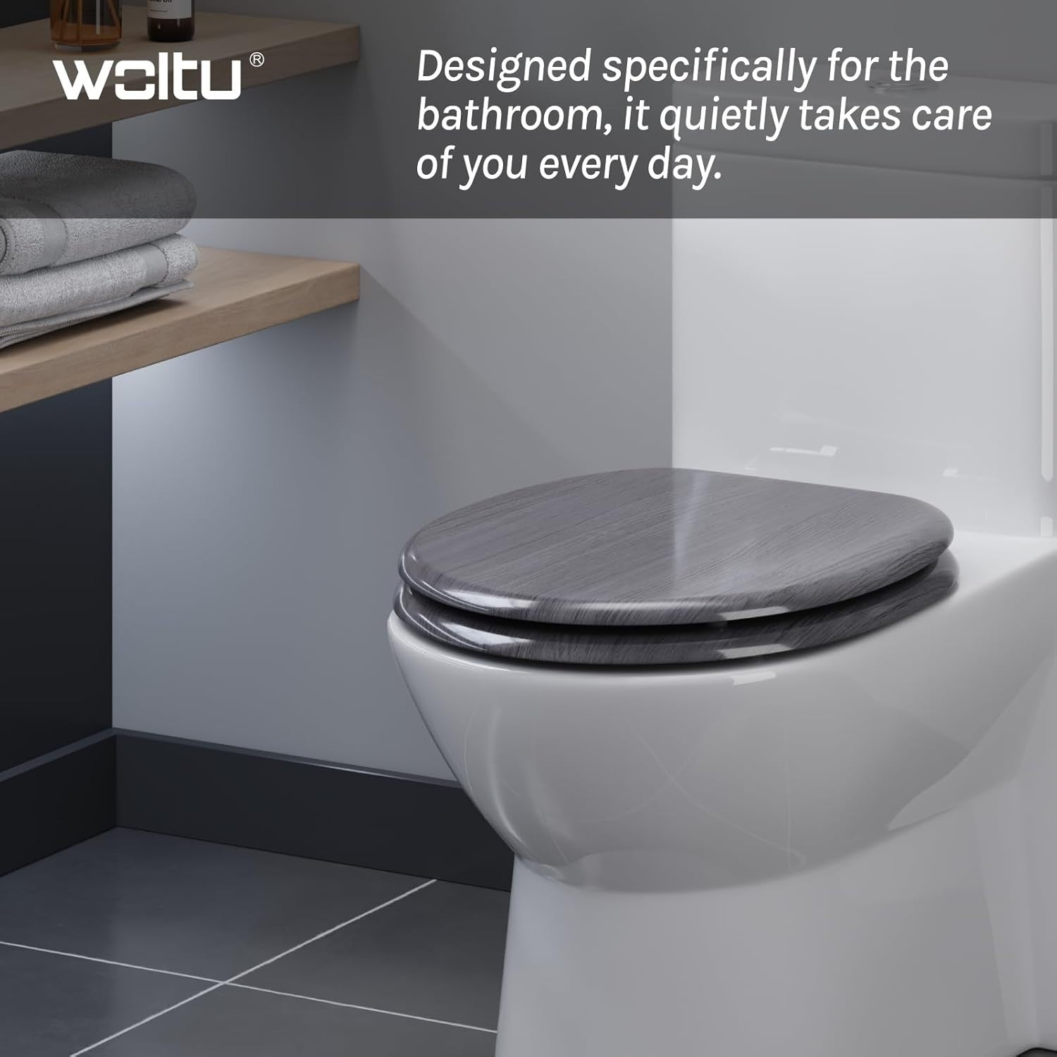 Wooden Toilet Seat Soft Close Grey Maple MDF Heavy Duty Standard WC 43.8x37.8cm