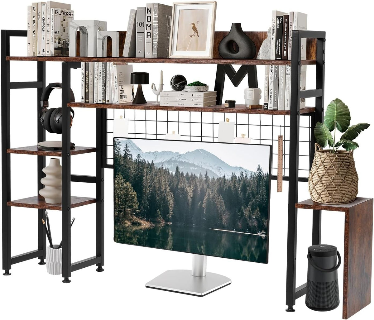 2-Tier Rustic Wood Metal Desktop Bookshelf Hutch Organizer Rack 105cm