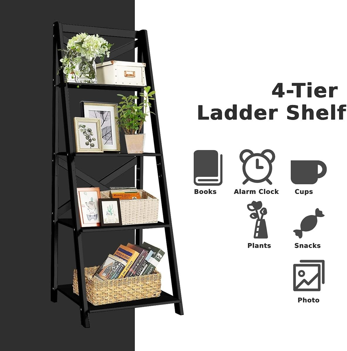 Modern 4 Tier Ladder Shelf Bookcase Leaning Display Storage Unit Black
