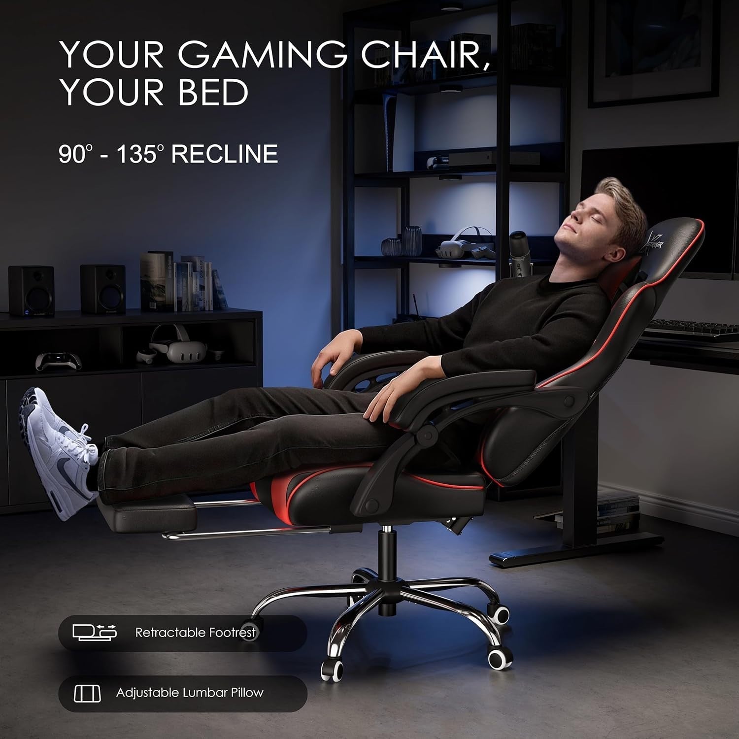 High Back Gaming Chair Reclining Office Desk Swivel Padded Footrest Red Black