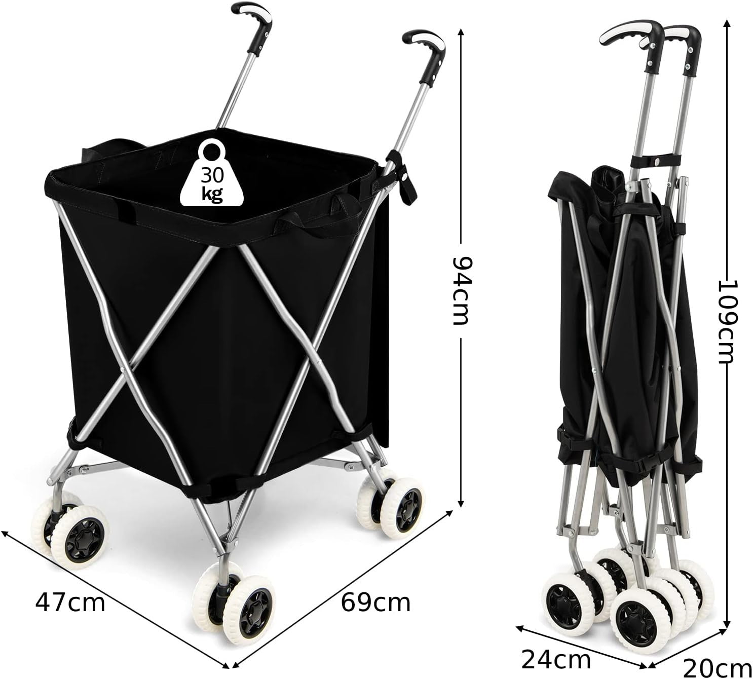 Extra Large 90L 8-Wheel Folding Shopping Trolley Cart Black