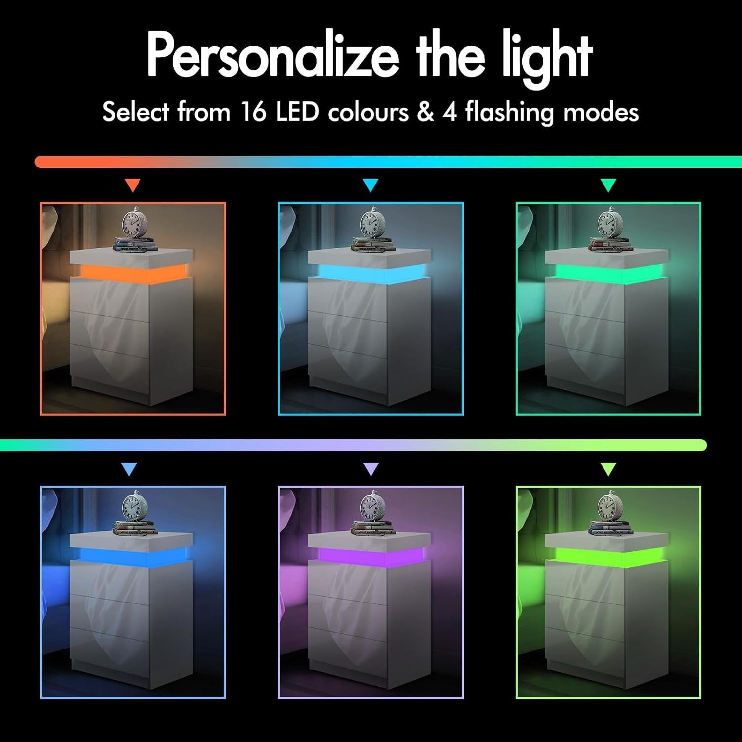 LED Bedside Table with 3 Drawers & RGB Lights | Modern White High Gloss