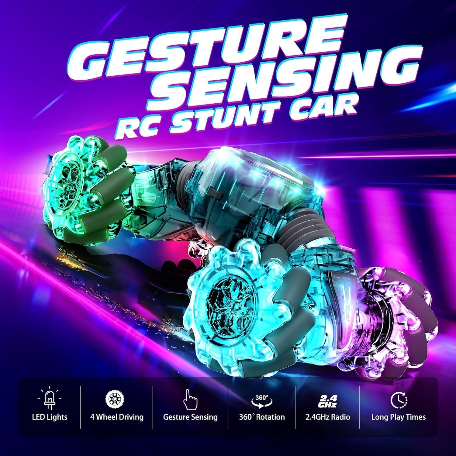 4WD Gesture Sensing RC Car – 360° Drift, LED Lights, 3 Batteries, Kids Toy