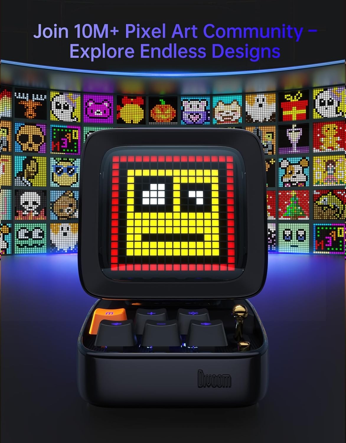 Black Pixel Art Bluetooth Speaker Alarm Clock RGB LED Retro Desktop