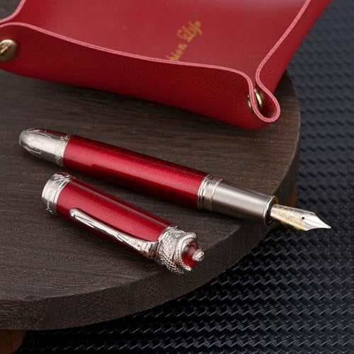 Wine Red Piston Fountain Pen Extra Fine Nib Snake Engraved Metal Gift Set