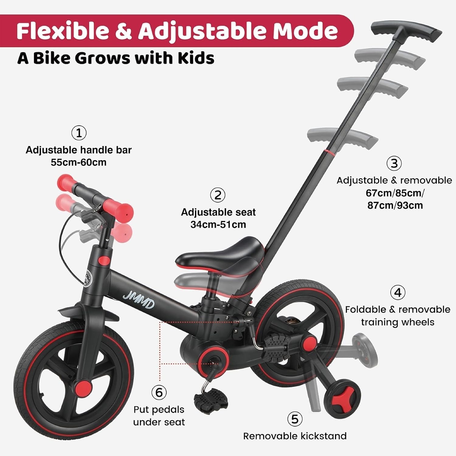 6 in 1 Toddler Bike Balance Pedal Bike Foldable Push Handle Black