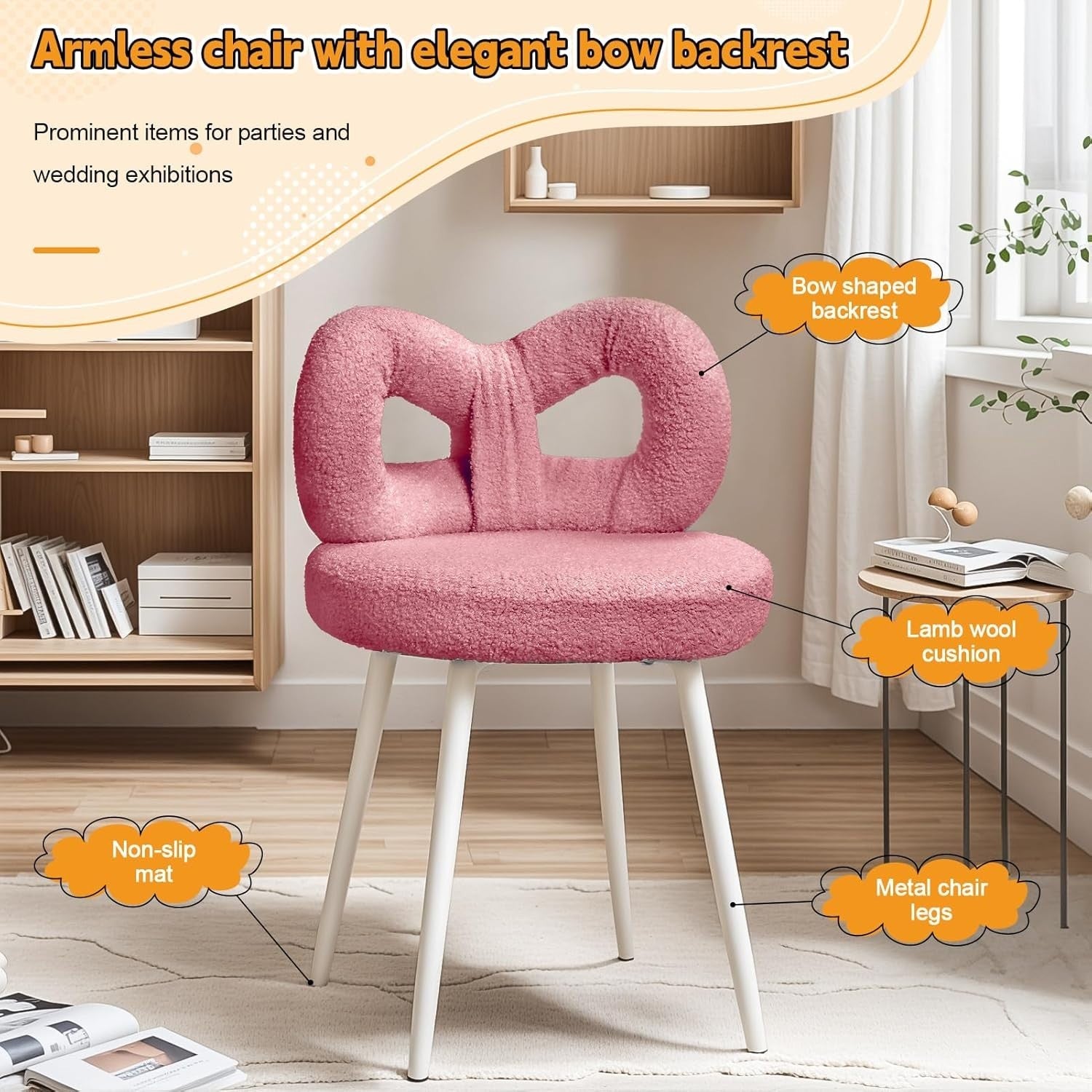 Pink Bowknot Vanity Chair Faux Wool Makeup Stool Adjustable Feet Modern