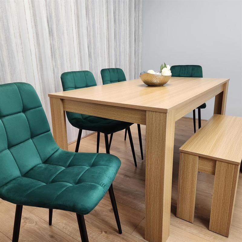 6 Seater Oak Effect Dining Table Set with Green Velvet Chairs & Bench Wood