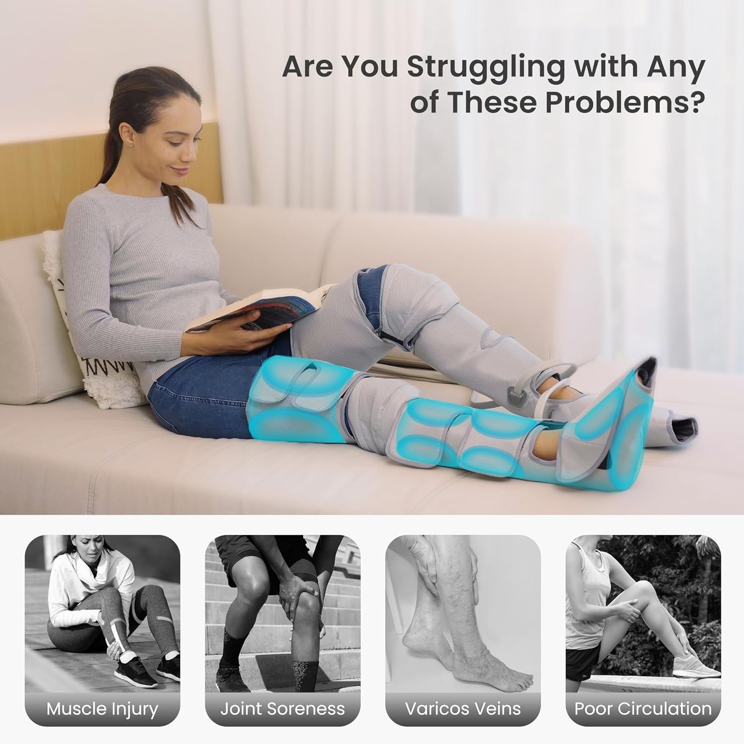 Heat Compression Leg Massager with 3 Modes, Adjustable Calf & Knee Pain Relief