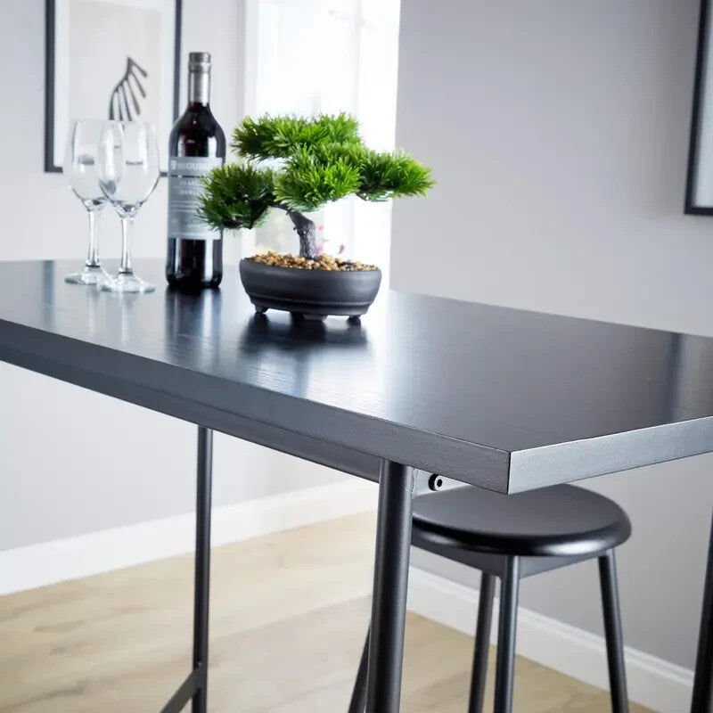 2 Piece Bar Table Set Black Metal Frame with Oak Stools Kitchen Breakfast