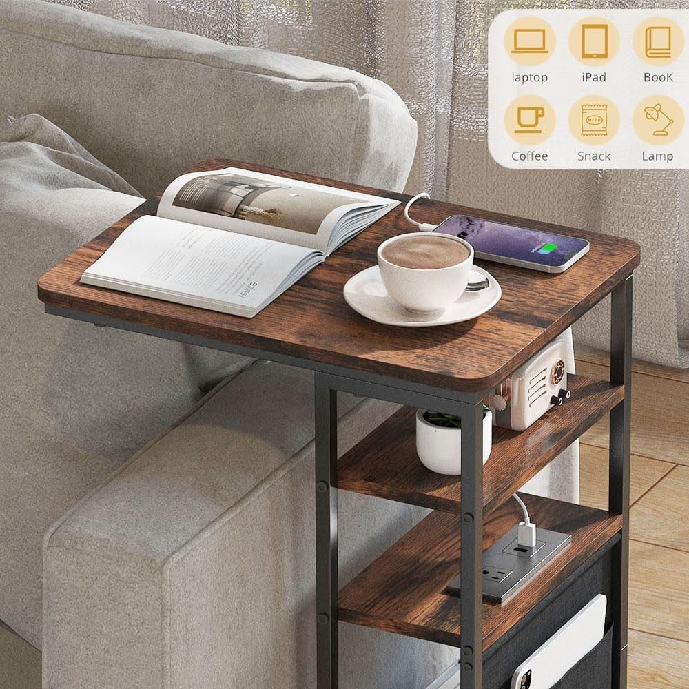 Retro C-Shaped End Table with Charging Station 3-Tier Storage Slim Sofa Table