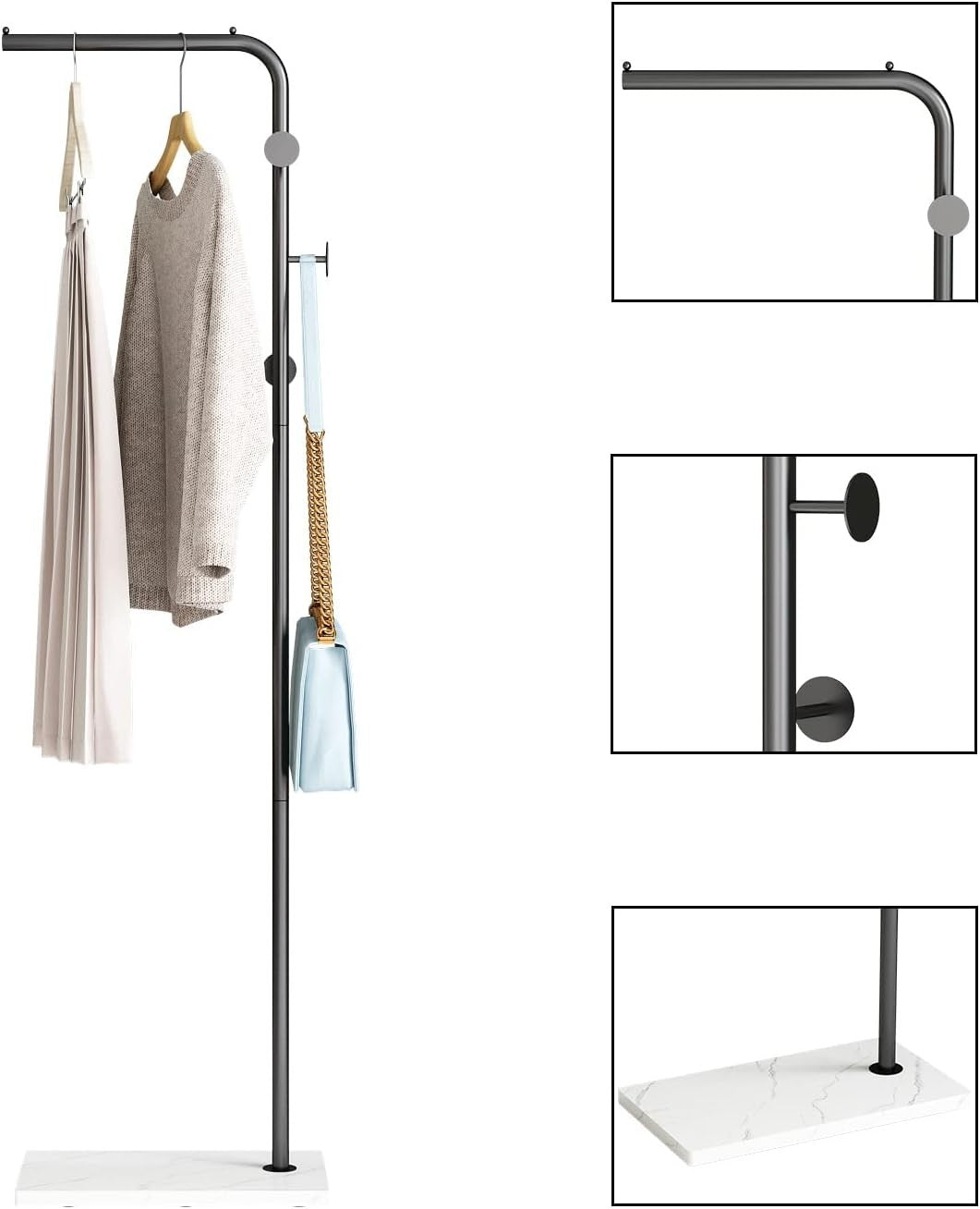 Modern Freestanding Coat Rack Black Metal with White Base – 3 Hooks Entryway