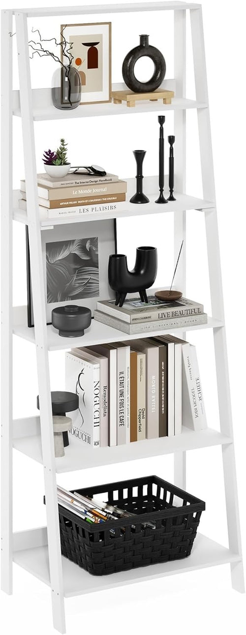 6 Tier Ladder Bookcase Tall Display Storage Shelf Space Saving White