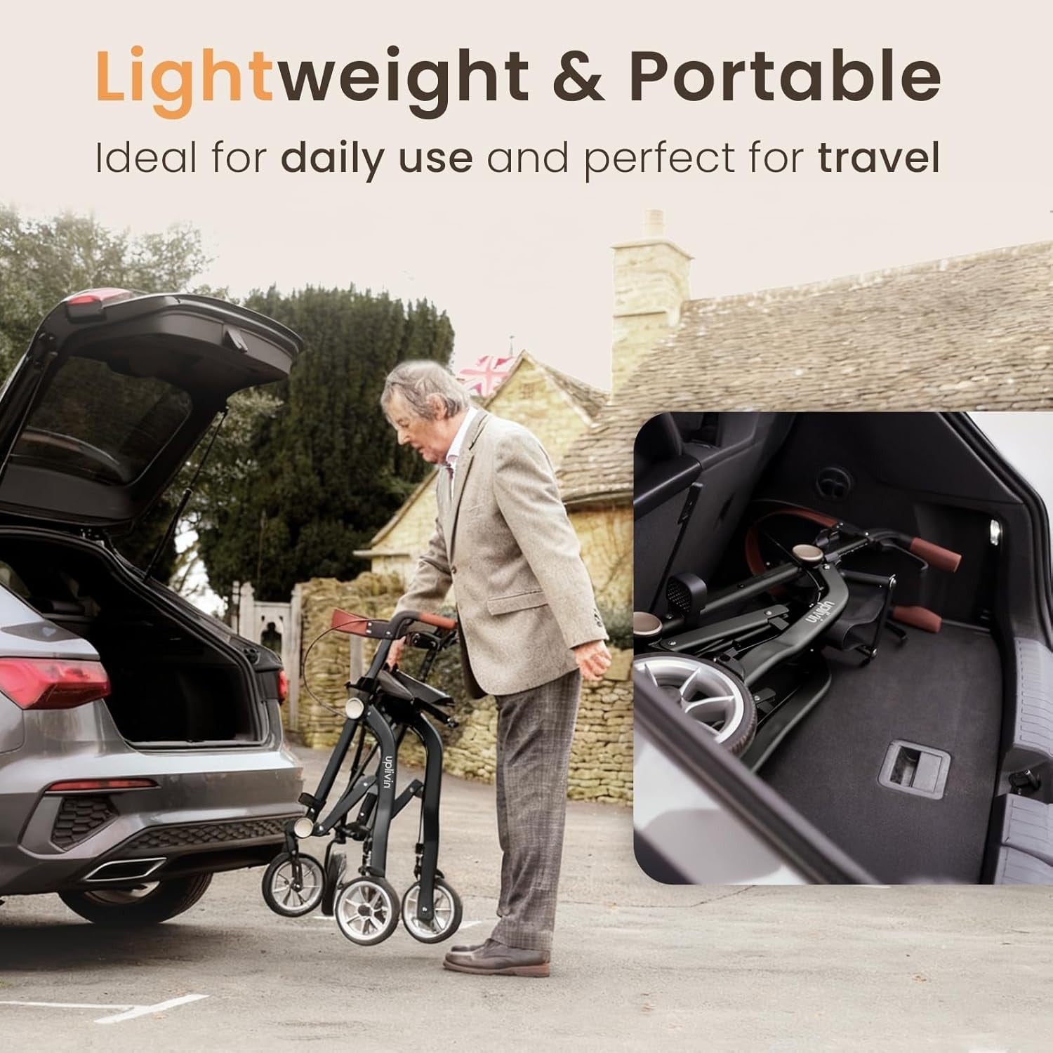 Luxury Lightweight Rollator Walker with Seat 4 Wheel Dual Folding Aluminium