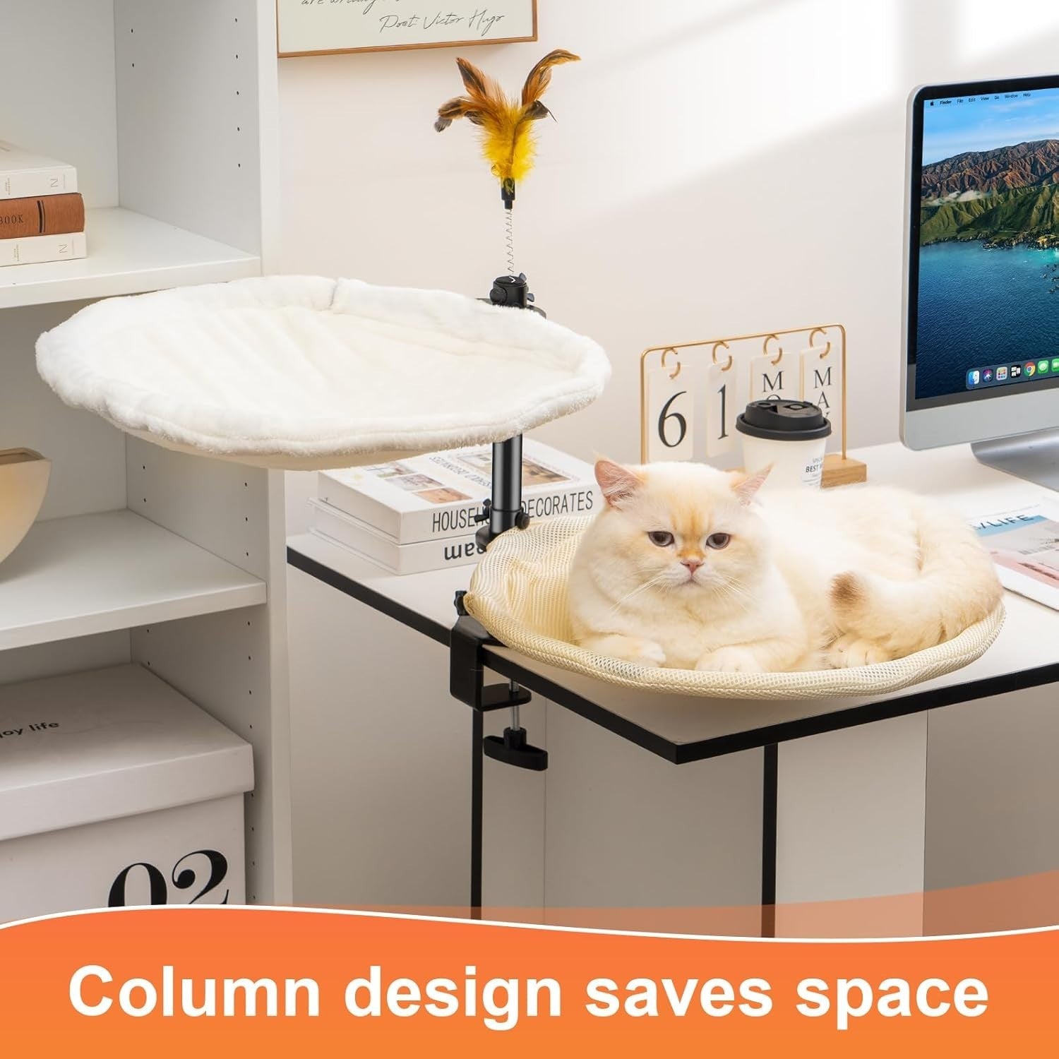 Double Layer Cat Desk Bed 360° Rotating Perch Adjustable w Washable Covers