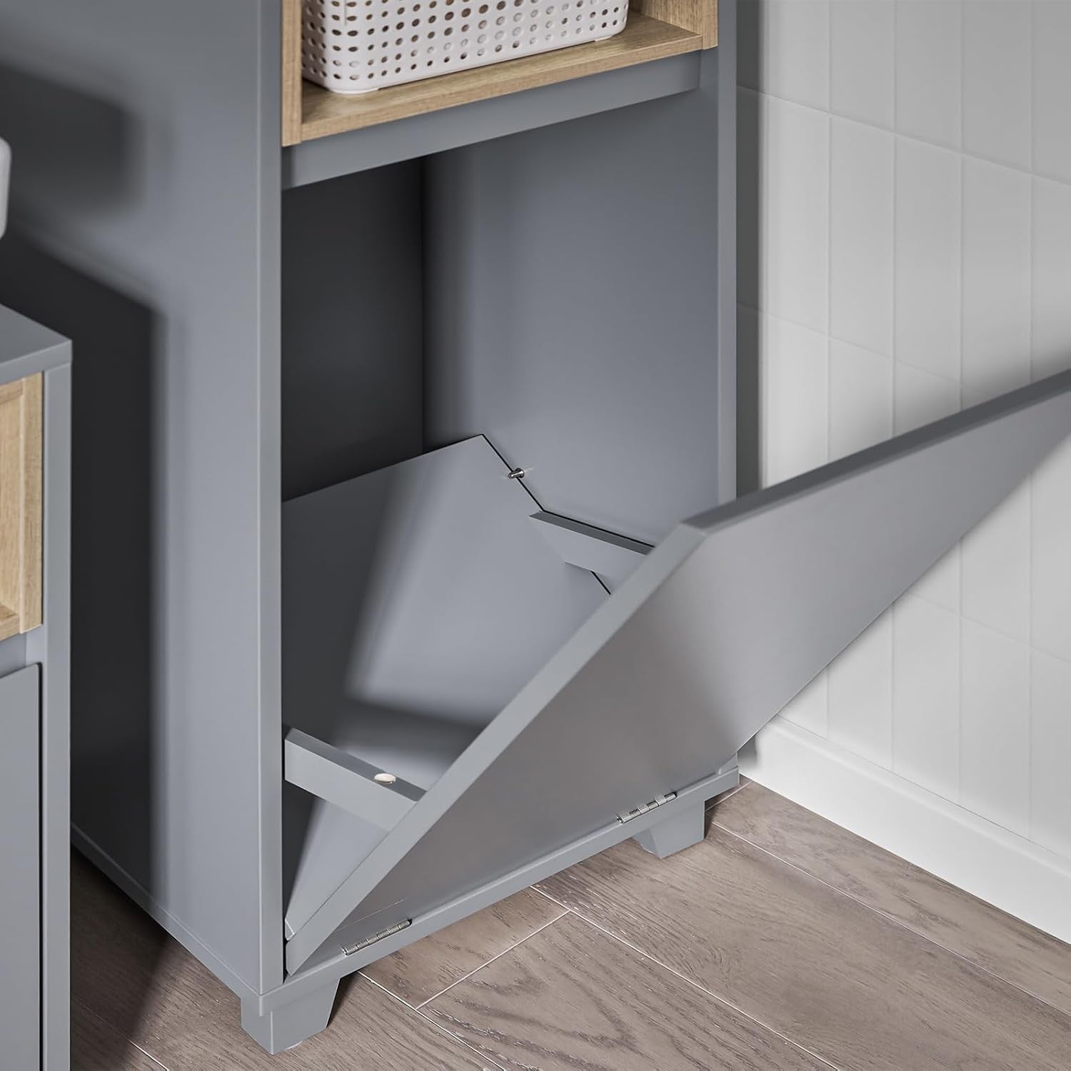Slim Bathroom Storage Cabinet with Fold-Out Laundry Basket Grey 35×105cm