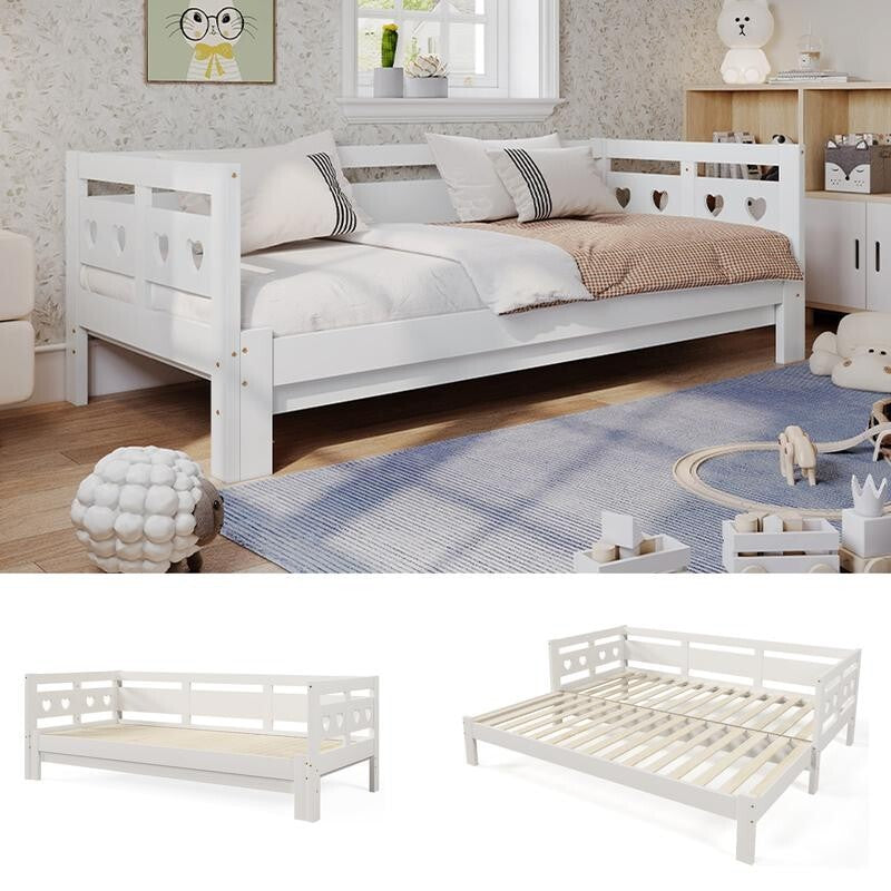 White Wooden Daybed with Trundle Guest Bed Sofa Frame Kids Teen Bedroom 3FT