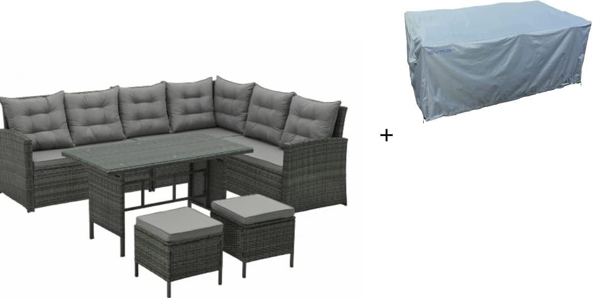 8 Seater Outdoor Rattan Sofa Set Corner Dining Table Chairs & Cover Black