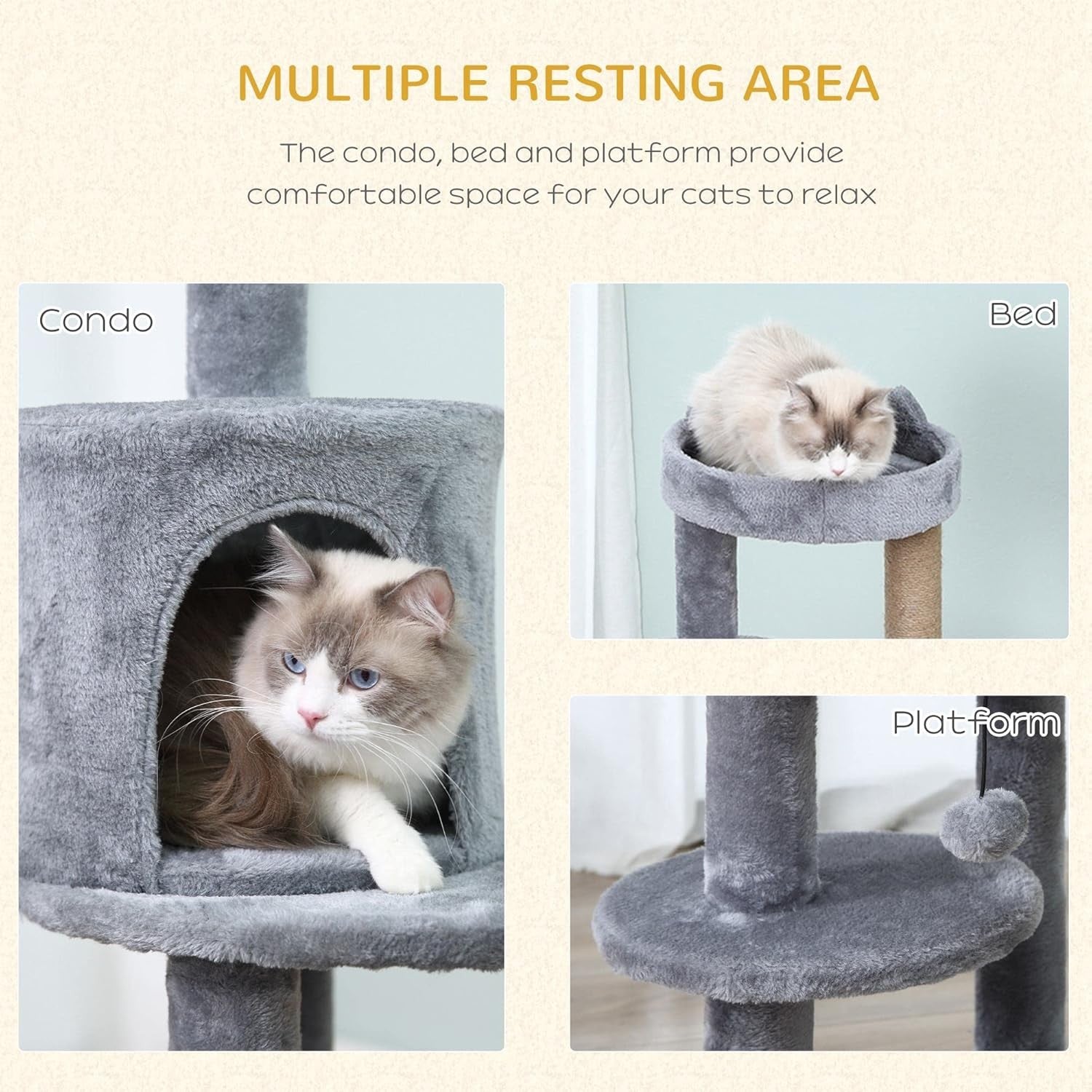 Grey Cat Tree Tower 104cm Condo Scratching Post Plush Perches Hanging Toy