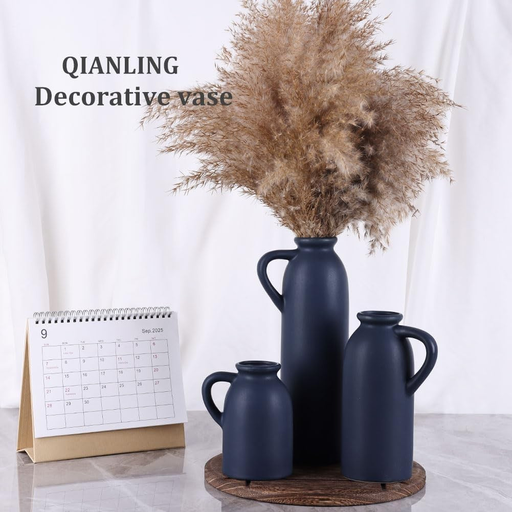 Blue Ceramic Vase Set of 3 Matte Jug Vases Farmhouse Table Home Decor