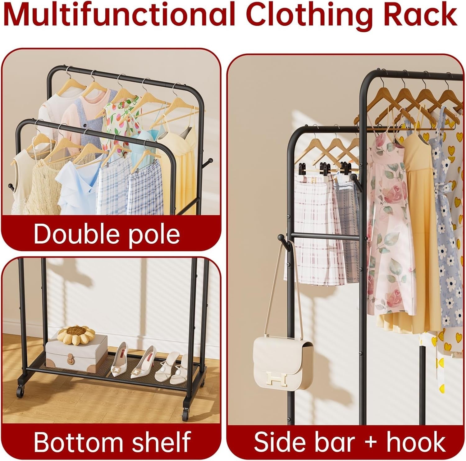 Portable Clothes Rail Black Metal Storage Rack with Wheels, Double Shelf Design