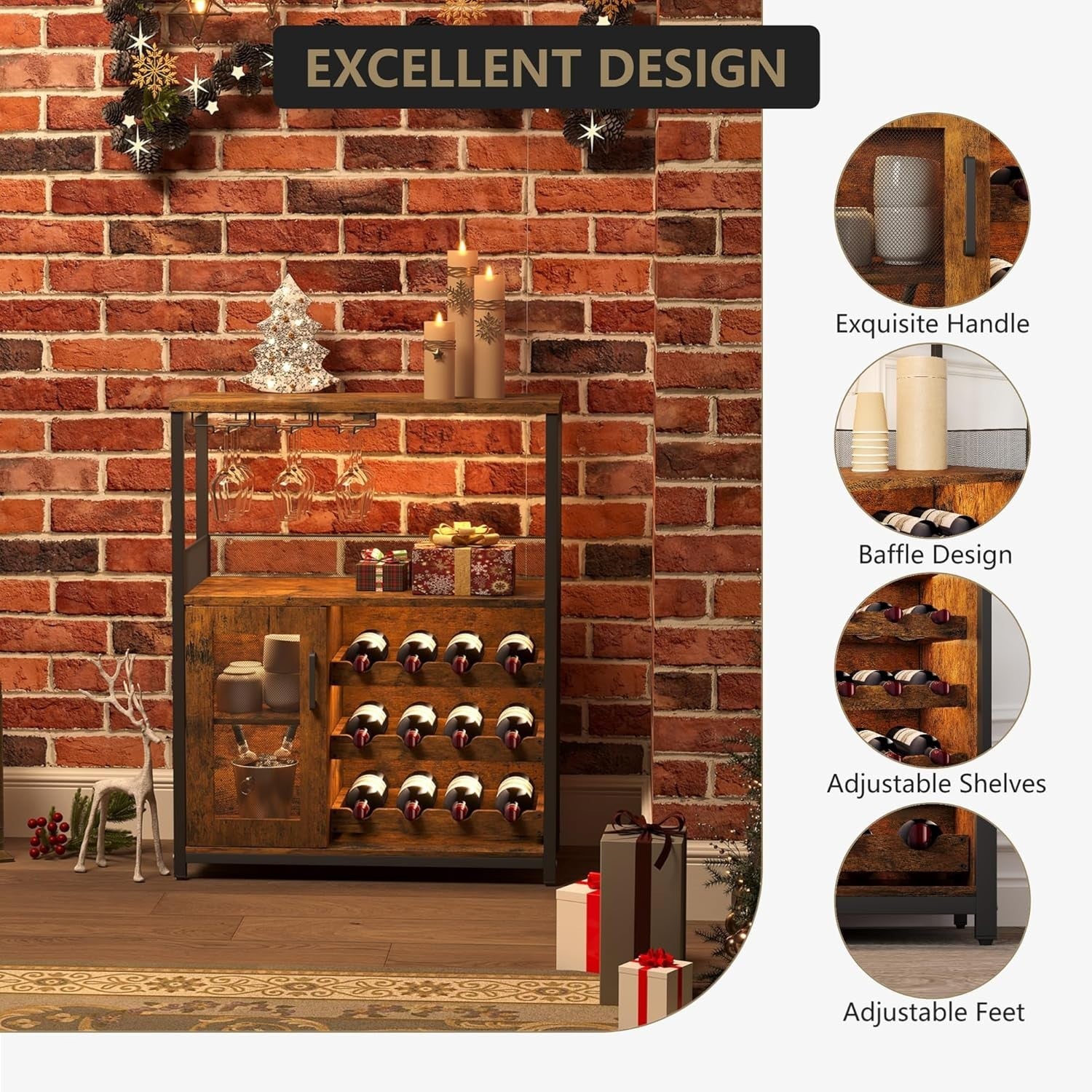 Rustic Industrial Wine Bar Cabinet with LED Light, Glass Holder & 12-Bottle Rack