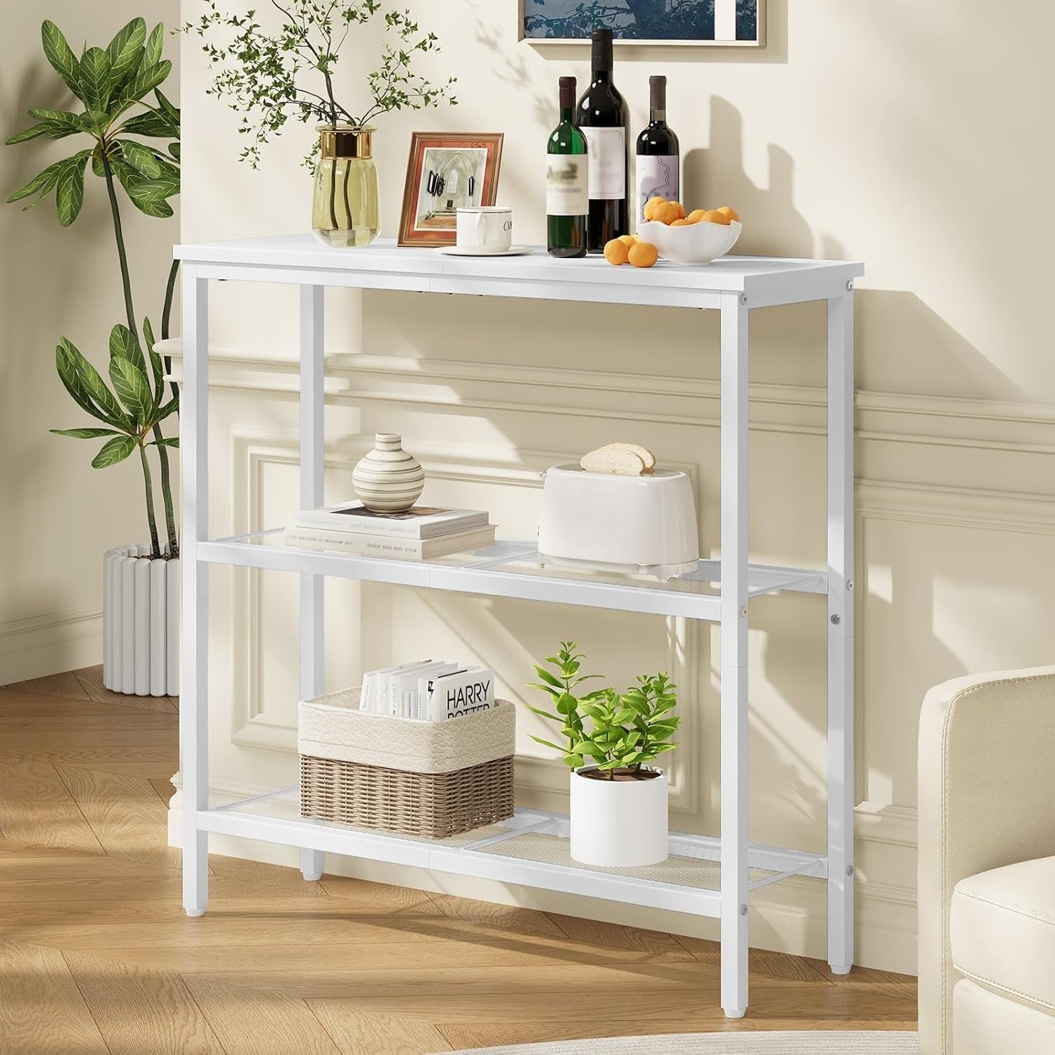 Slim 3-Tier Console Table with Metal Frame & Wide Shelves for Small Spaces