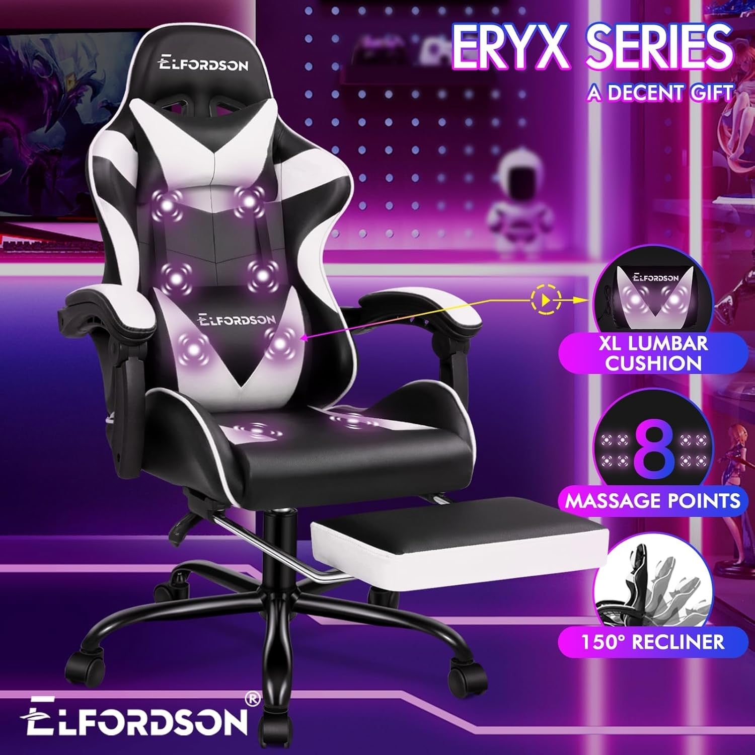Massage Gaming Chair Recliner w/ Footrest 150° Swivel PU White
