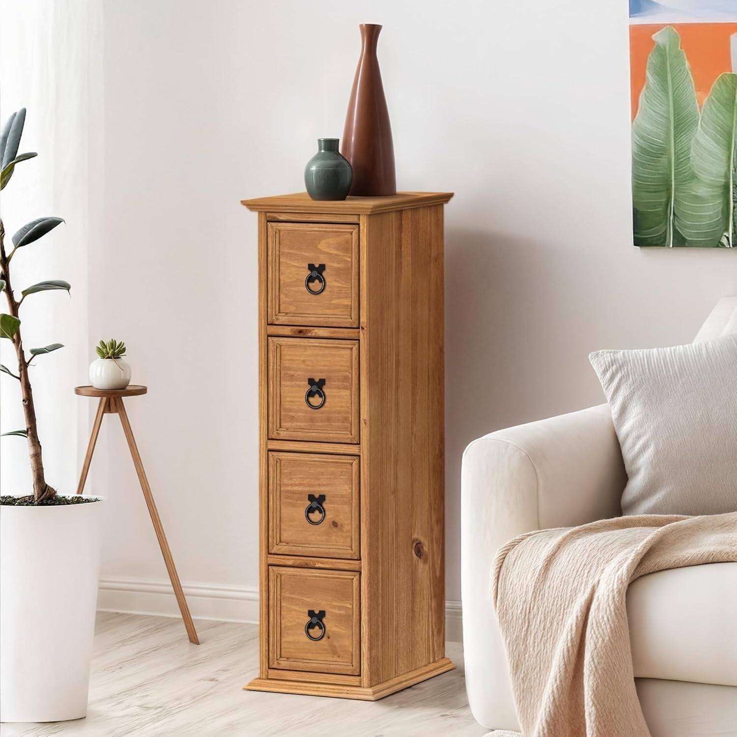 Solid Pine CD Storage Tower 4 Drawer Chest Rustic Wooden Media Unit