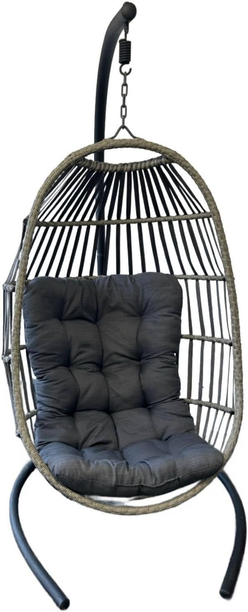Hanging Egg Chair with Stand Rattan Swing Seat Grey Cushion Indoor Outdoor
