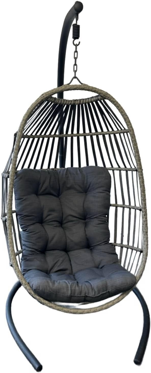Hanging Egg Chair with Stand Rattan Swing Seat Grey Cushion Indoor Outdoor