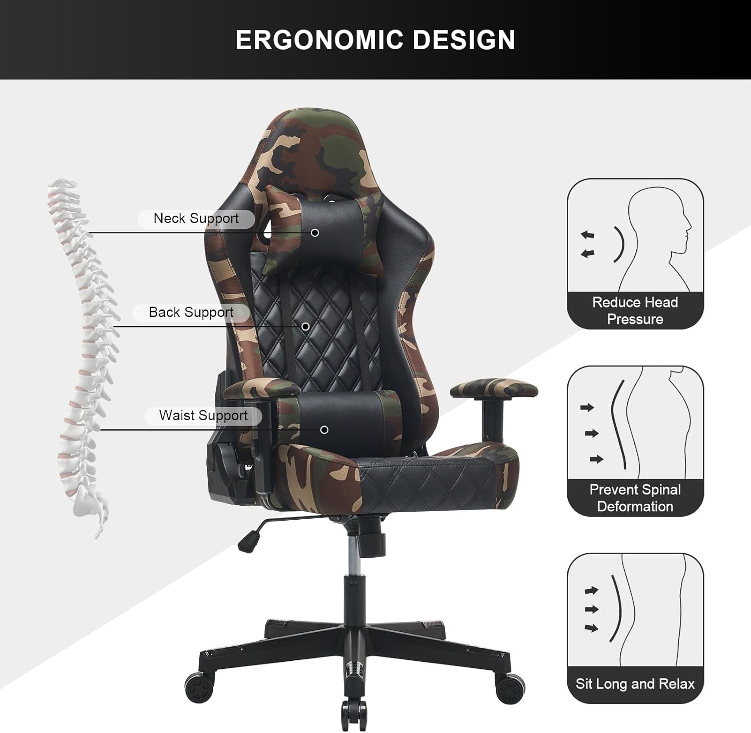 Ergonomic Gaming Chair 360° Swivel Recliner w/ Lumbar Headrest