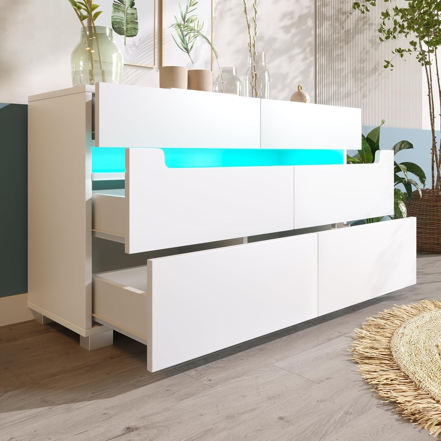 Wide 6 Drawer White Sideboard Storage Cabinet LED Chest Bedroom Unit 120cm