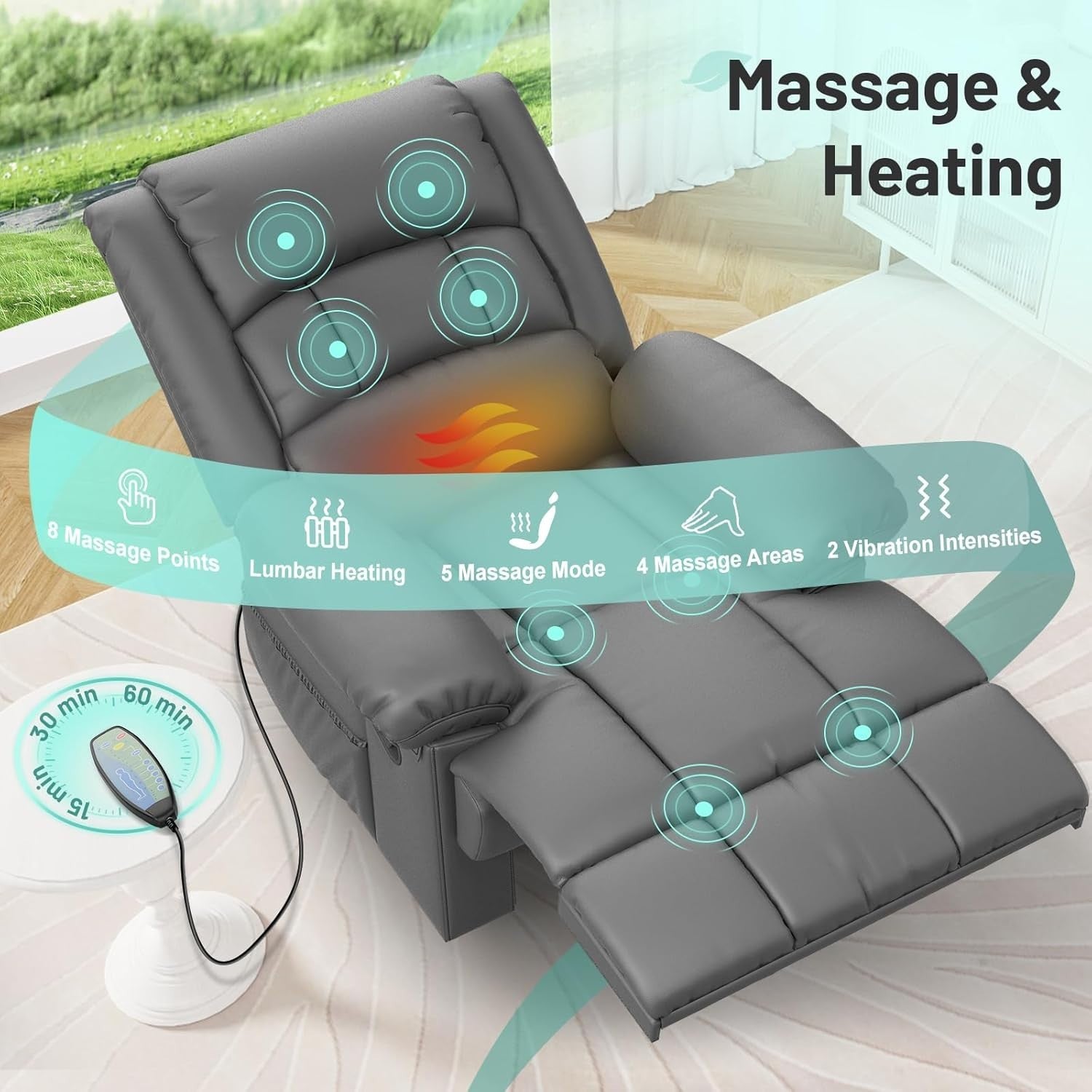 PU Grey Recliner Armchair Massage Heat Sofa Chair Adjustable Backrest Legrest