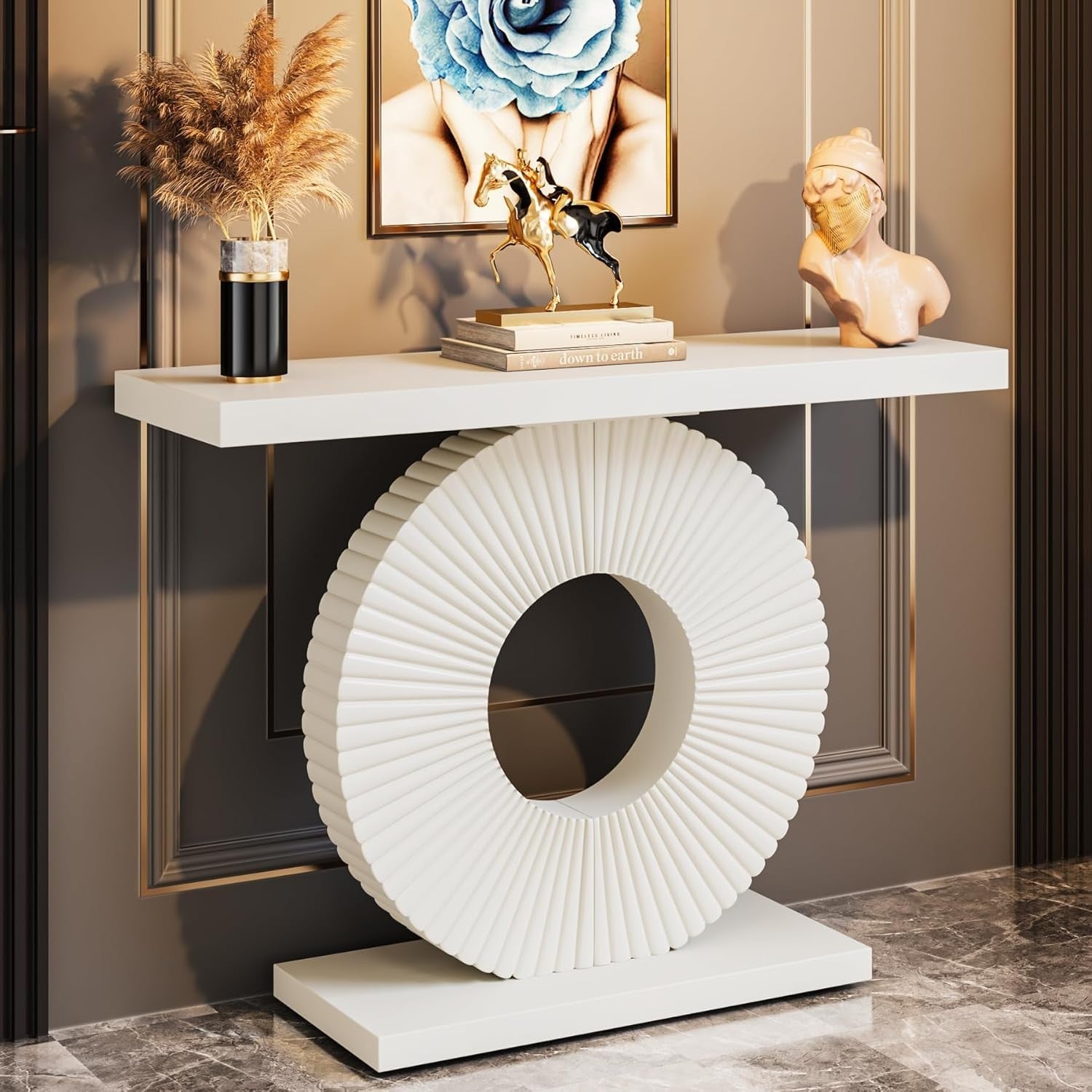 Modern White Hallway Console Table with Flower Base | Slim Entryway Design