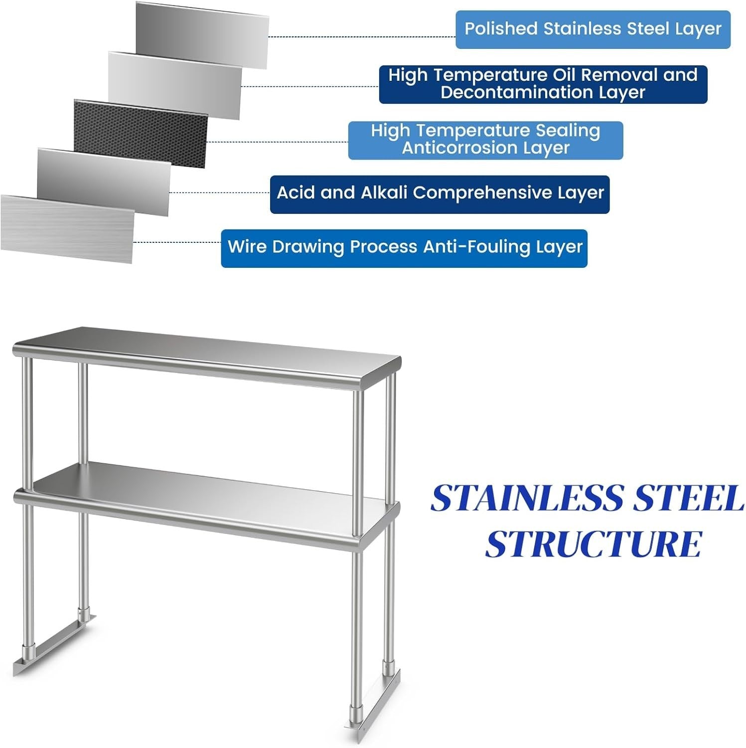 Stainless Steel Double Overshelf 92x30cm Heavy Duty Adjustable 2-Tier Prep Rack