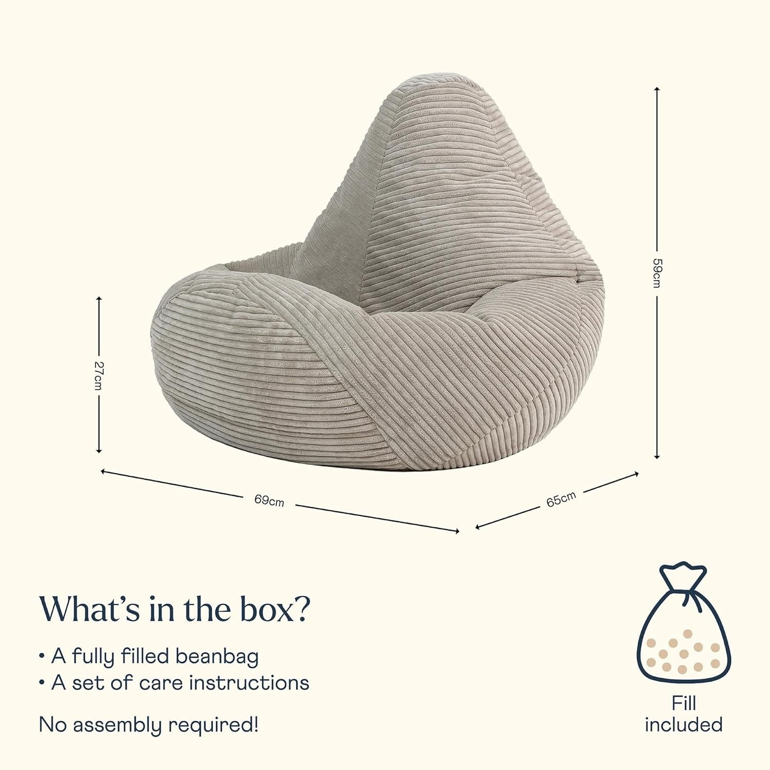 Beige Kids Bean Bag Chair Soft Cord Recliner Seat for Bedroom Lounge Playroom