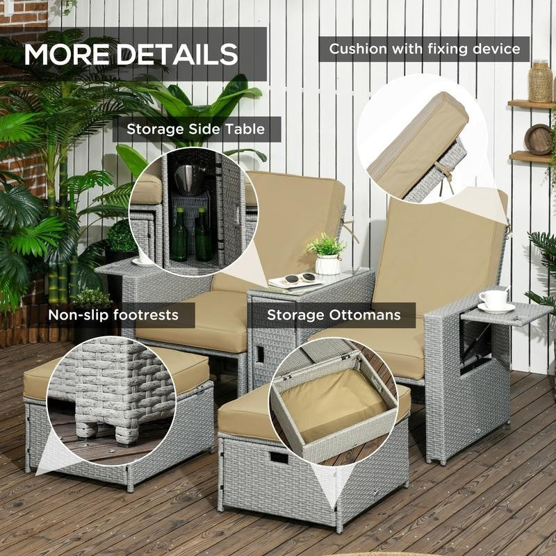 5PC PE Rattan Recliner Sofa Bed Set Lounger Footstools Side Table Patio