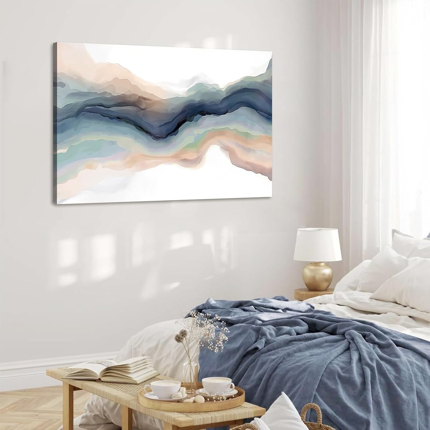 Colorful Abstract Wall Art Canvas Framed Modern Watercolor Wave Print 59x39cm