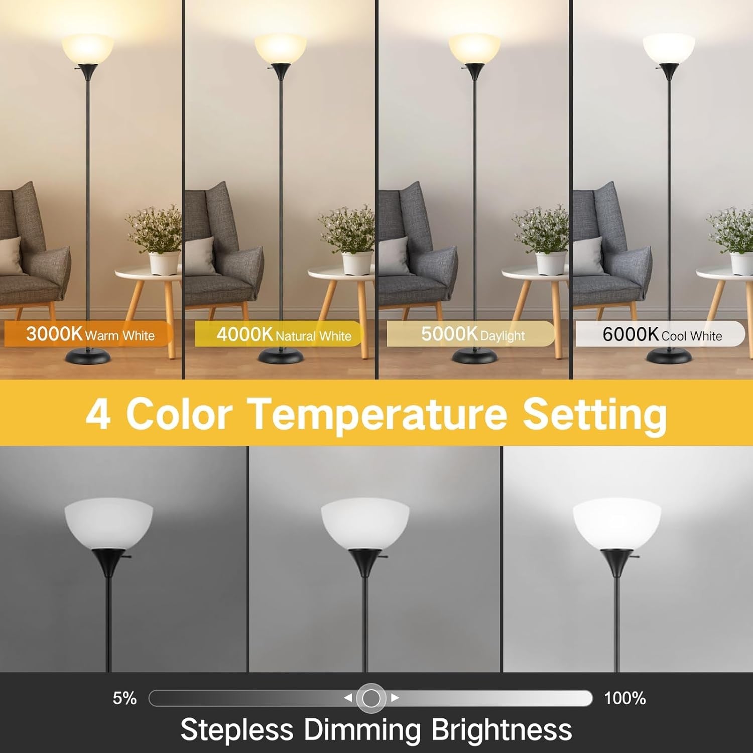 LED Uplighter Floor Lamp Remote Dimmable 3000–6000K Tall Standing Light