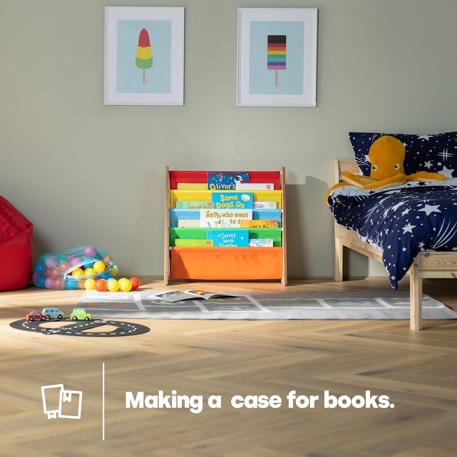 Kids Wooden Sling Book Rack – 4-Tier Colourful Fabric Bookshelf Storage
