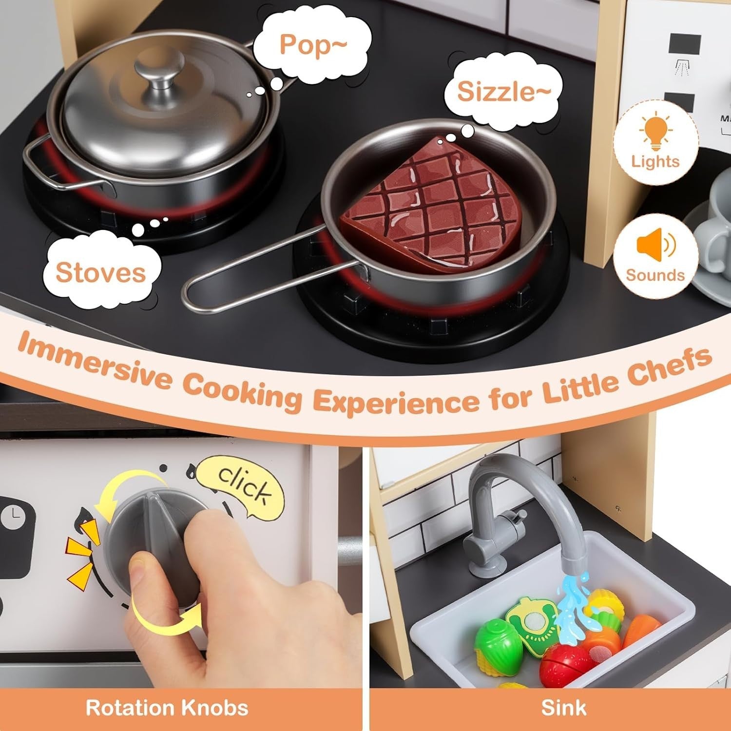 Wooden Kids Play Kitchen Lights Sounds Coffee Maker Grey Toy