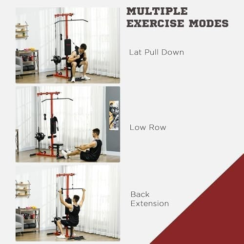 Red Lat Pull Down & Low Row Machine Adjustable Home Gym 50kg
