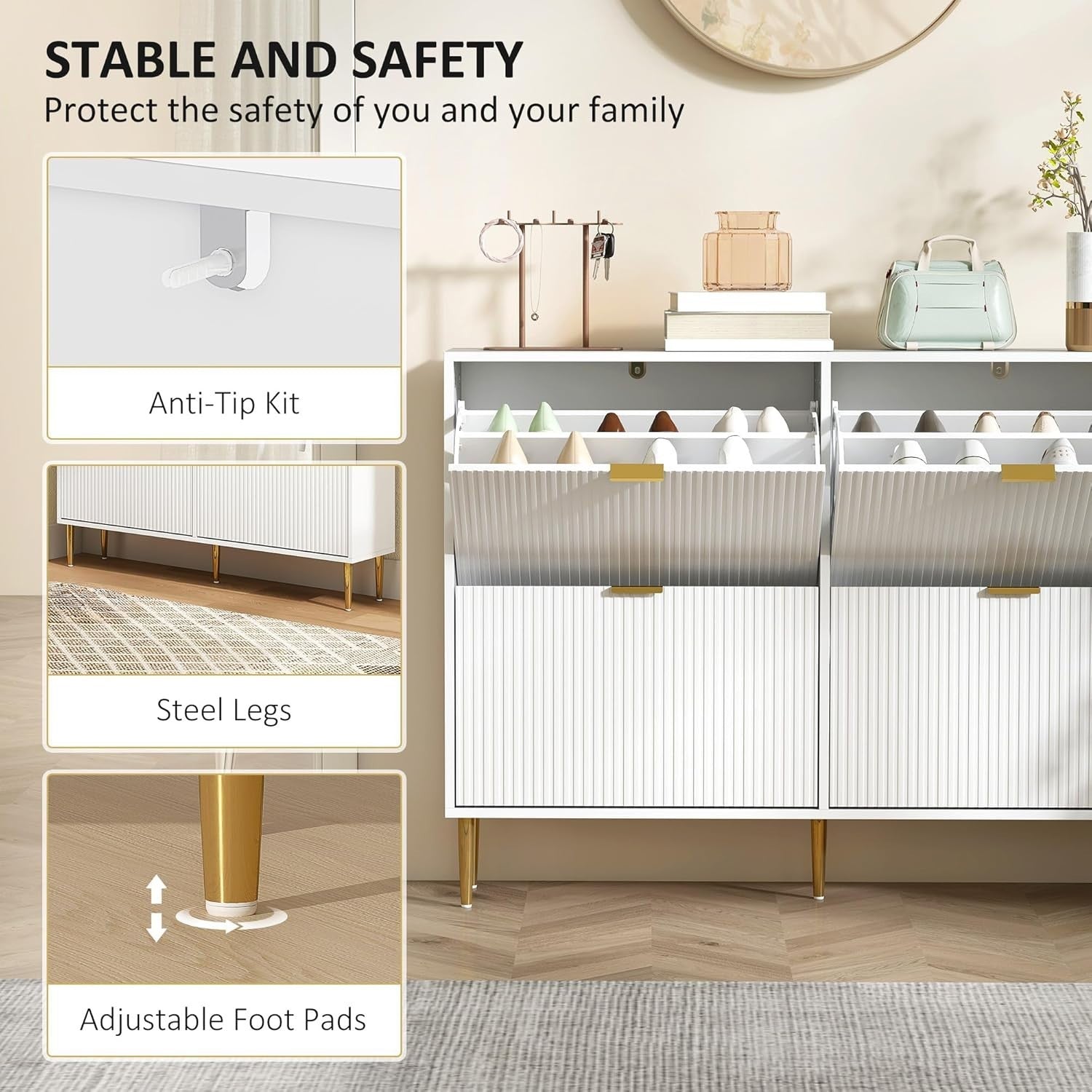 Slim 4 Drawer Shoe Cabinet – Fluted Doors, Adjustable Shelves, Space-Saving