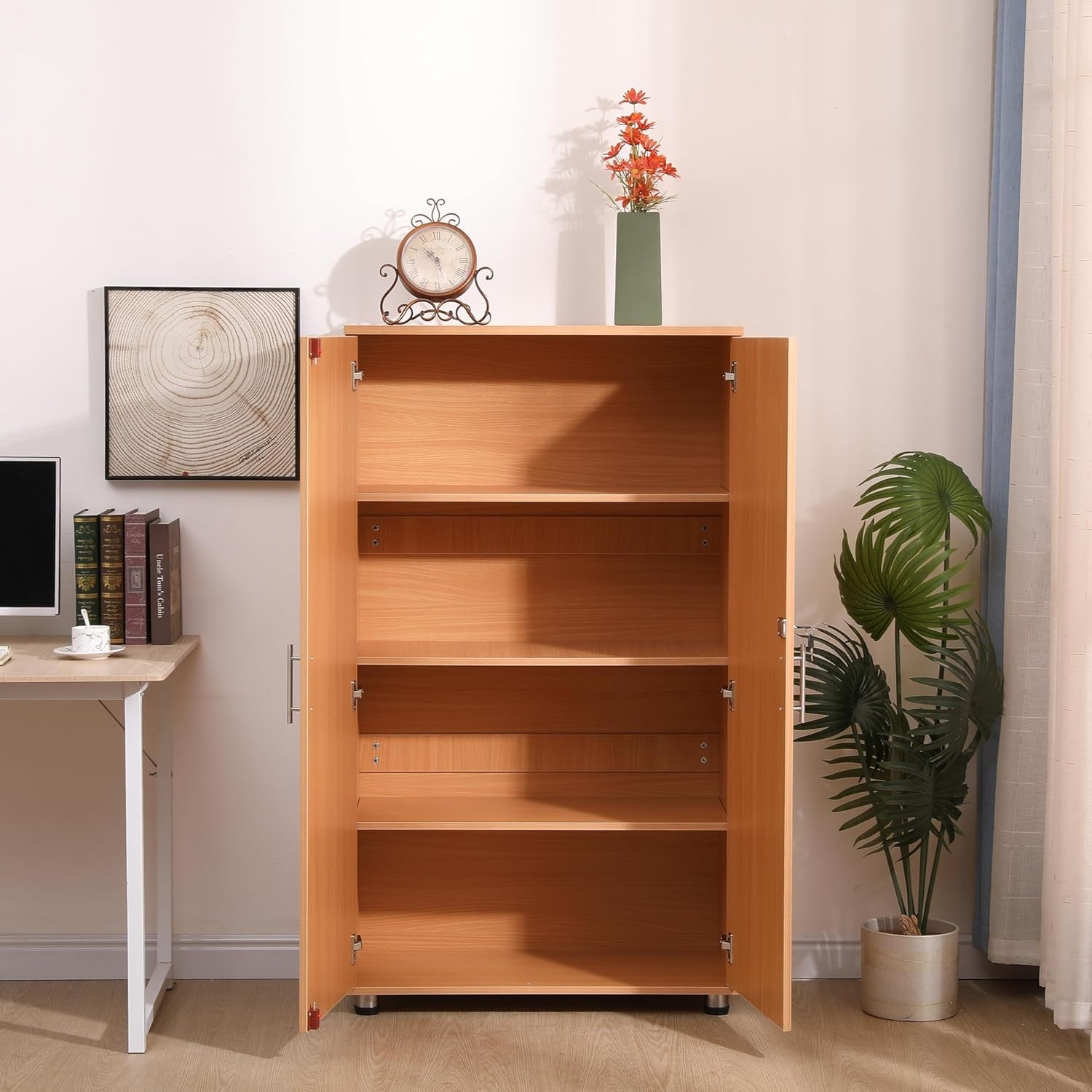 Beech Office Storage Cabinet Lockable 2 Door Cupboard Adjustable Shelves